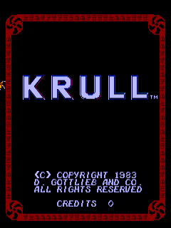 The Krull arcade title screen displays the word 'KRULL' in large blue and white pixelated letters centered on a black background, framed by a red decorative border with ornamental corner designs. Below the title, white text reads 'COPYRIGHT 1983 GOTTLIEB AND CO.' followed by 'ALL RIGHTS RESERVED' and 'CREDITS 0' at the bottom. The entire composition uses the color palette typical of early 1980s arcade cabinets with stark contrast between the dark background and bright text elements.