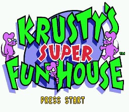The title screen features large green block-letter text spelling 'KRUSTY'S SUPER FUN HOUSE' against a dark background, with 'SUPER' in red lettering. Two purple cartoon characters flank the title on either side. Below the logo, yellow text reads 'PRESS START'. The art uses bright neon colors and bold pixelated sprites typical of early Sega Genesis graphics.