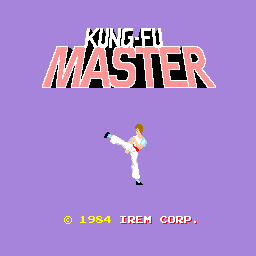 A purple background displays the title 'KUNG-FU MASTER' in large orange and yellow gradient lettering at the top center. Below, a single pixelated sprite of a martial artist in white clothing performs a high kick pose in the middle of the screen. At the bottom, yellow text reads '© 1984 IREM CORP.' The overall composition is simple and centered, typical of early 1980s arcade title screens with low-resolution pixel art and a limited color palette.