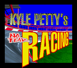The title screen features large yellow text spelling 'RACING' centered on a blue background, with 'KYLE PETTY'S' and 'No Fear' branding in yellow and red text above it. A red horizontal stripe runs across the middle section. The lower portion displays a green grass area with a gray asphalt road section visible on the left side, suggesting a racing track environment rendered in low-resolution SNES-era sprite graphics with a bright, contrasting color palette of blue, yellow, red, and green.