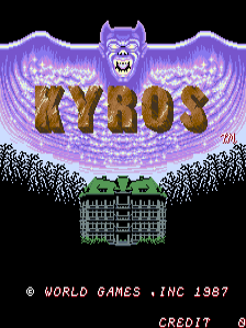 The title screen displays the large purple pixelated word "KYROS" in the center, topped by a purple demonic creature with horns and a grinning expression. Below the title sits a dark castle structure with multiple illuminated windows arranged in rows. The background features a purple cloudy sky with scattered light particles, and the bottom edge shows a black pixelated ground texture. Copyright text reading "© WORLD GAMES INC 1987" and "CREDIT" appears at the very bottom in white text.