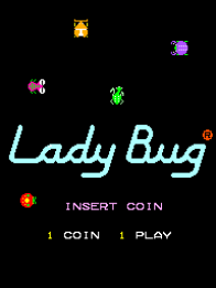 The Lady Bug arcade title screen displays the game's name in large cyan cursive lettering in the center. Above the title, four colorful pixel sprites are arranged across a black background: a yellow insect in the upper left, a purple shape upper right, a pink ladybug on the left, and a green insect center. Orange and red circular objects appear on the left and lower portions. Below the title, white text reads "INSERT COIN" followed by "1 COIN 1 PLAY" in a standard arcade font.