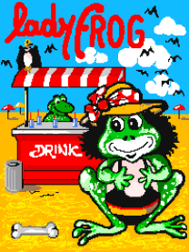 The title screen displays a large green frog character wearing a yellow and red striped hat, positioned in the center-right area against a sandy desert background. A red drink stand with the word 'DRINK' in white letters sits to the left of the frog. The title 'Lady Frog' appears in red script lettering at the top left, with a blue sky backdrop featuring small flying creatures scattered across it. A bone graphic is visible at the bottom center. The overall color palette uses bright primary colors with a simple, flat pixel art style typical of early 1990s arcade games.