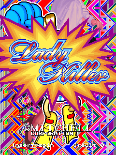A colorful arcade title screen features the words "Lady Killer" in large blue script lettering centered against a bright yellow explosion graphic. The background is filled with geometric patterns in magenta, cyan, orange, and purple, creating a busy abstract design. Below the title text sits a small red character sprite. Copyright information for Mitchell Corporation and licensing details appear in white text at the bottom of the screen.
