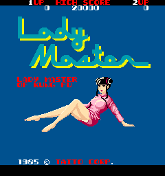 The title screen displays yellow pixelated text reading "Lady Master" in English and Arabic script against a solid dark blue background. Below the title, a sprite of a woman in a pink/magenta outfit reclines with extended legs. Red text reading "KARATE" appears beneath the character. A score display showing "29999" is visible at the top, along with "1935" and "©KANEKO.INC" text at the bottom in white and red respectively. The overall color palette uses primary colors typical of mid-1980s arcade graphics with low-resolution pixel sprites.