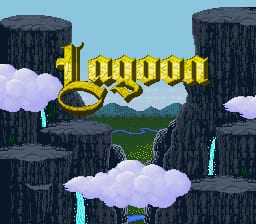 The title screen features the word 'Lagoon' in large yellow letters with a gold ring accent in the center, positioned against a light blue sky. Dark gray stone pillars frame the left and right edges of the screen, with white and light purple clouds scattered between them. A green grassy landscape is visible in the distant background through the center gap. The overall composition uses a 16-bit sprite art style typical of early SNES titles.