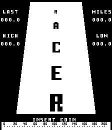 A title screen displaying 'RACER' in large pixelated white letters stacked vertically in the center of a black background. The top-left corner shows 'LAST' with value '000.0' and 'HIGH' with value '000.0'. The top-right corner mirrors this layout with 'MILES' and 'LOW' showing '000.0' values. At the bottom, centered text reads 'INSERT COIN' with a coin slot graphic. A single pixelated car sprite appears near the top of the screen above the letter 'R'. The overall layout uses a simple two-color palette typical of 1977 arcade hardware.
