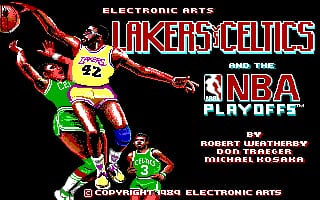 The title screen displays two basketball players in pixelated sprite form jumping against a black background with red energy trails. Text reading "ELECTRONIC ARTS" appears at the top in white, followed by the game title "LAKERS CELTICS" in large red letters with "AND THE NBA PLAYOFFS" below. The NBA logo appears in red on the right side. Credits listing Robert Utsunomiya, John Madden, and Michael Kosinski are visible in white text at the lower left, with a copyright notice for Electronic Arts at the bottom. The color palette consists of bright primary colors—yellow, green, red, and blue—against the dark background.