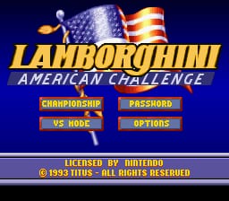 The title screen displays a large yellow "LAMBORGHINI AMERICAN CHALLENGE" logo at the top, with an American flag graphic above it. Below the logo sits a dark blue menu area containing four yellow-outlined button options arranged in two columns: "CHAMPIONSHIP" and "PASSWORD" on top, "VS MODE" and "OPTIONS" below. At the bottom, white text reads "LICENSED BY NINTENDO" and "© 1992 TITUS - ALL RIGHTS RESERVED" on a thin blue bar. The background is solid dark blue with a pixelated, 16-bit aesthetic typical of early 1990s SNES graphics.