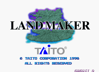 The title screen displays "LANDMAKER" in large black serif text centered on a light gray background. Above the title sits a colorful abstract shape in shades of purple, green, and blue resembling terrain or a landscape map. Below are the Taito Corporation logo in blue, copyright information reading "© TAITO CORPORATION 1998" and "ALL RIGHTS RESERVED" in blue pixelated text, and "CREDIT 0" in white text at the bottom right. The overall layout is simple and symmetrical, typical of arcade title screens from the late 1990s.
