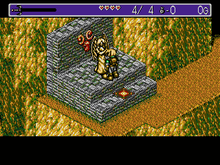An isometric view shows a character with a sword standing on a stone platform surrounded by green and yellow tiled terrain. The top UI bar displays a health counter at 47/4, currency of 5.0, and a 0g indicator. The character sprite is rendered in detailed pixel art against a parallax scrolling background of grass and earth tiles. The scene depicts an outdoor dungeon or forest exploration area typical of early 1990s Sega Genesis RPGs.
