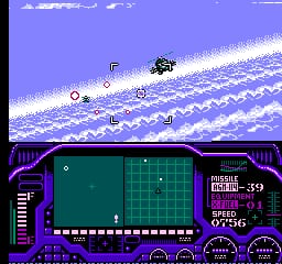 A split-screen gameplay view shows a space shooter in progress. The upper half displays a blue starfield with a white diagonal beam or laser streak across the center, a small spacecraft sprite on the left, and enemy objects scattered across the playfield. The lower half contains a tactical grid-based map display with a teal background, grid squares marked in white, and player/enemy position indicators. The right side shows a vertical HUD panel with purple and black coloring, displaying numerical score readouts (359 visible) and game status information. Pixel art style typical of NES-era graphics with limited color palette.