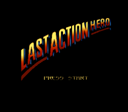The title screen displays "LAST ACTION HERO" in large yellow and red gradient lettering at the top center, with a red diagonal line beneath it. The background is black. Below the title, centered in smaller yellow text, appears "PRESS START" in a pixelated font typical of Genesis-era games. The overall layout uses a dark, high-contrast design with warm-colored text.