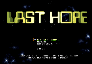 The title screen displays 'LAST HOPE' in large yellow pixelated lettering against a black starfield background with scattered small white dots representing stars. Below the title are menu options in small white text reading 'START GAME', 'RETRY', and 'EXIT', followed by copyright information for NG:DEV.TEAM and a website URL. The entire composition uses a pixel art aesthetic typical of arcade games from the 2000s.