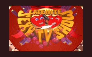 A title screen displays large golden text reading "LATE NITE TV SHOW" centered against a red background. Two cartoon red lips with a smiling white mouth and visible teeth dominate the center, flanked by golden radiating sunburst patterns on both sides. Purple and orange shapes appear in the lower corners. White corner decorations frame the edges of the design. The overall composition uses a bold, warm color palette with pixelated sprite-style graphics typical of early 1990s DOS games.