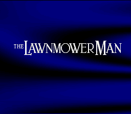 The title screen displays 'THE LAWNMOWER MAN' in large white capital letters centered against a dark blue background with horizontal black bars. The text uses a serif font with distinctive angular letterforms. Behind the title, a shadowy silhouette of a lawnmower is visible, creating depth through the overlapping dark shape. The overall composition is simple and minimalist, typical of early Sega Genesis title screens.