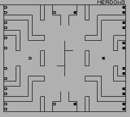 A monochrome maze layout with gray background displays a symmetrical grid pattern of white corridors and walls. The word 'MEADOWS' appears at the top in black text. Small black marks and dashes are scattered throughout the maze, including a diamond shape in the center and what appears to be player positions marked with asterisks in the left and right sides. The entire playfield is bordered by a thin black frame, typical of early arcade maze game layouts from the mid-1970s.