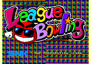 The title screen displays 'League Bowling' in large, multicolored pixelated letters with bright magenta, green, cyan, yellow, and red colors. A cartoon bowling ball character with a smiling face is positioned to the left of the title text. Below the main logo, 'SNK CORPORATION ©1990' appears in smaller white text on a grid-patterned background composed of blue and red squares. The overall aesthetic features the characteristic 16-bit arcade color palette and blocky sprite-based design typical of early 1990s SNK arcade games.