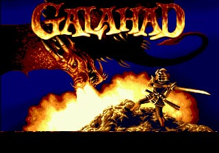 The title screen displays 'GALAHAD' in large orange-red flaming letters across the top center. Below, a armored knight wielding a sword stands on rocky terrain with explosions and fire erupting around him, rendered in mid-resolution sprite graphics against a solid dark blue background. The art style uses warm colors for the flames and gold accents on the knight's armor, creating a fantasy action game aesthetic typical of early 1990s Sega Genesis graphics.