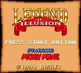 The title screen displays "LEGEND OF ILLUSION" in large yellow letters with red banner accents at the top center. Below the title, white text reads "PRESS START BUTTON" followed by "TWO PLAYERS" in red. A copyright notice "© 1990 DISNEY" appears at the bottom in yellow text. The background is a solid tan-orange color. The overall layout uses a simple, centered composition with pixelated sprite-style lettering typical of Game Gear era titles.