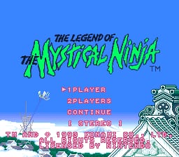 The title screen displays 'The Legend of the Mystical Ninja' in large green pixelated text against a bright blue sky background. Below the title, a menu lists options in red text: '1PLAYER', '2PLAYERS', 'CONTINUE', and 'OPTION'. The lower portion shows a pixelated landscape with pink and green buildings and a small bridge structure. On the right side stands a ninja character sprite in a fighting stance. The art uses a 16-bit color palette with distinct sprite-based graphics typical of early 1990s SNES games.