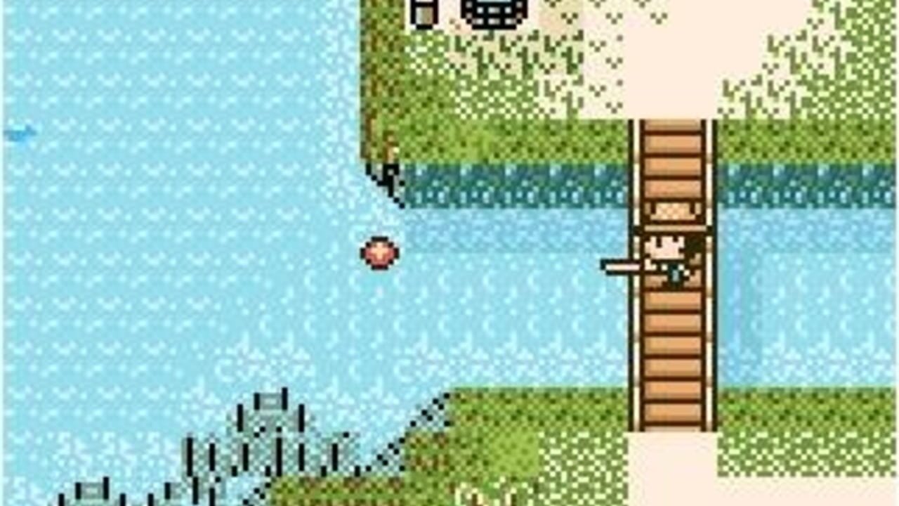 A pixel-art scene shows a character standing on a wooden dock or platform extending into blue water, with green grassy banks visible on both sides and a small red fish swimming in the water to the left. The top of the screen displays game interface elements including what appears to be a menu or status display. The art uses a limited color palette typical of Game Boy hardware, with light blue water, green vegetation, brown wooden structures, and small sprite characters rendered in low resolution.
