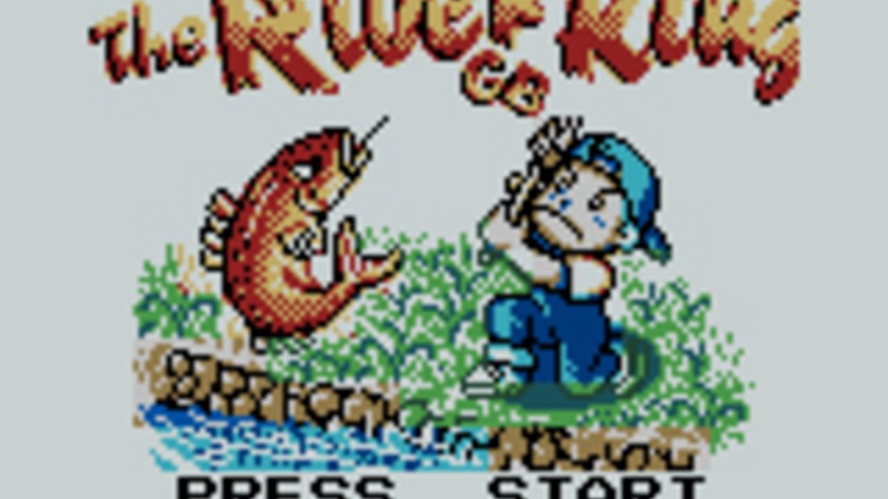 The title screen displays "The Kruff King GB" in red and gold pixelated text at the top. Below, a character in blue clothing with blue hair holds a fishing rod, standing on a grassy area next to water and rocks. A large red fish with yellow scales is positioned to the left. Green vegetation and blue water form the background. "PRESS START" text appears in black at the bottom of the screen against a light gray background.
