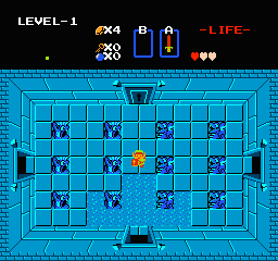 A top-down dungeon room with cyan-blue tiled walls and floor features Link in the center surrounded by purple enemy sprites arranged in a grid pattern. The HUD displays "LEVEL-1" in the upper left, an orange rupee count of 30, and a red life meter showing full health. A yellow sparkling object appears near the center of the room, with black doorway openings visible on the left and right walls. The entire scene uses the NES's limited color palette with thick pixel sprites characteristic of 8-bit graphics.
