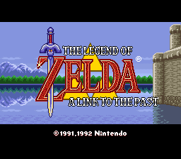 The title screen displays "The Legend of Zelda: A Link to the Past" in large red and yellow pixelated lettering centered on the upper portion. Behind the logo, a mountainous landscape with snow-capped peaks and a blue lake occupies the background. On the right side stands a stone tower or castle structure in gray tones. The Nintendo copyright notice appears at the bottom in white text. The overall color palette consists of purples, blues, greens, and grays typical of 16-bit sprite-based graphics.