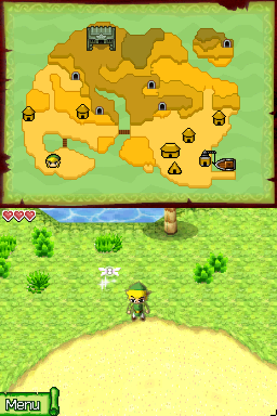 The top screen displays a stylized map with a tan landmass divided into labeled rectangular regions, surrounded by green ocean and decorated with small icon markers. The bottom screen shows a third-person overhead view of a young character standing on a yellow sand area in the center of a grassy field dotted with green bushes. A health meter with four red hearts appears in the top-left corner of the bottom screen, and a Menu button is visible in the bottom-left. The art style features hand-drawn sprites and a vibrant color palette typical of DS-era Zelda games.