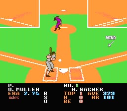 A baseball diamond is displayed from an overhead view with bright orange and green colors. A batter stands at home plate on the left side while a pitcher is positioned on the mound in the center. The infield bases form a diamond shape in green. Score information appears at the bottom, showing two teams with statistics including names like "B. MULLER" and "NO. LACHNER," along with numerical data for hits, runs, and at-bats. The upper right corner displays "OUTS" with a value. White diagonal lines cross the orange field in a symmetrical pattern. Pixelated sprite graphics are used for the player characters in 8-bit NES style.
