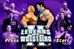The title screen displays two muscular wrestlers in fighting poses at the center, flanked by eight additional wrestler portraits arranged around the purple-tinted background. The "Legends of Wrestling II" logo appears in the middle in white capital letters. Press and Start prompts are positioned in the lower left and right corners respectively. The overall color scheme uses deep purples with flesh tones and dark clothing on the wrestler figures, rendered in low-resolution sprite graphics typical of Game Boy Advance titles.