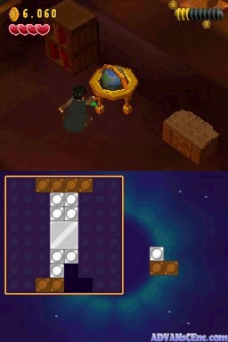 A top-down dungeon view shows a character standing in a brown room with a golden circular object above. A wooden crate sits to the right. The HUD displays 6,060 points and four health hearts in the upper left. A minimap in the lower left shows the current room layout in blue and brown tiles. Below the main view, a water-themed area with scattered brown blocks and white platforms appears against a dark blue background with teal lighting effects.