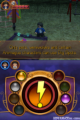 The screen shows a split layout with gameplay above and a magical ability wheel below. In the upper section, a character in dark robes stands in a textured outdoor area with stone structures. Yellow text reads "Only pets, werewolves and certain Amulets characters can use Dig Spells." The lower half displays a circular golden and purple spell-casting interface with nine ability icons arranged in a ring around a central lightning bolt symbol on an orange background. Character portrait icons appear in the bottom-left corner.