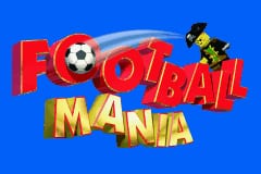 The title screen displays "FOOTBALL MANIA" in large red and gold lettering against a bright blue background. A soccer ball and LEGO-style yellow minifigure character appear above the title text. The art uses bold primary colors and a chunky, blocky font consistent with LEGO branding. No gameplay elements or additional UI are visible on this static title screen.
