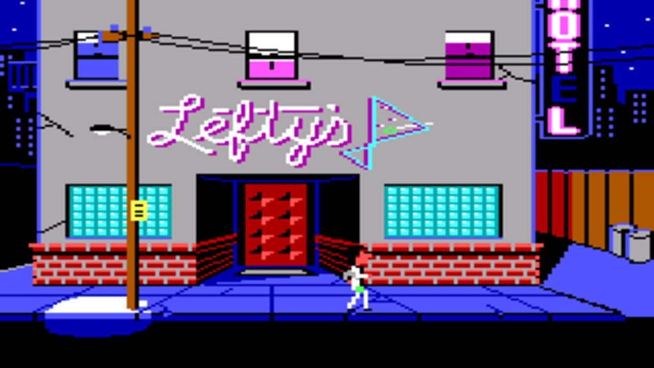 A pixelated retro game scene shows a blue-floored urban street with a central yellow pole, red brick walls, and cyan-windowed buildings. The title 'Leisure Suit Larry' appears in magenta script with a geometric cursor pointer in the center-top. A small white-and-green pixel character stands on the street. The background features a gray sky with suspended platforms containing pink and white boxes connected by black lines. On the right side, tall buildings with magenta neon signage are visible. The overall color palette uses bright blues, reds, cyans, and magentas typical of 1987 DOS-era graphics.