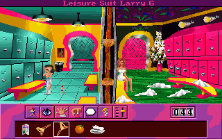 A brightly colored interior scene displays symmetrical doorways in turquoise and hot pink flanking a central green-floored room with white furniture. The top features the game title "Leisure Suit Larry 6" in magenta text. A UI bar at the bottom shows an inventory system with six item slots on the left side and a "PICKLE" indicator on the right. The color palette is vivid and saturated with neon teals, magentas, oranges, and yellows typical of early 1990s DOS graphics, rendered in low-resolution pixels.