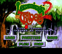 The title screen displays a large red "Lemmings 2" logo at center with a green lemming character perched atop it. Below the logo, white text reads "Gotta Ascertain" with subtitle text partially visible. The background shows a natural landscape with stylized trees, grass, and foliage in greens and browns. Four menu buttons in green text are arranged horizontally at the bottom: "LOAD", "PRACTICE", "SAVE", "PLAY", and "MAP". The art style uses 16-bit SNES-era pixel graphics with a vibrant color palette of greens, browns, reds, and purples.