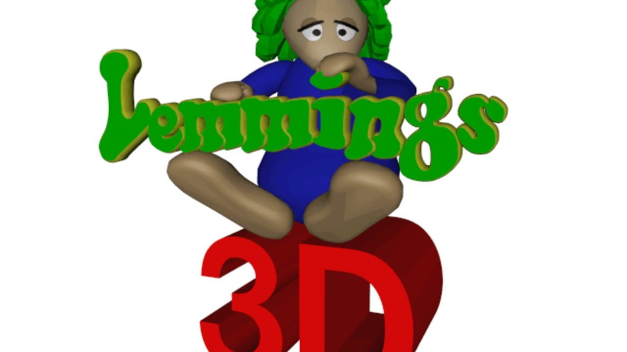 A 3D rendered character with green hair, tan skin, and a worried expression sits atop large red "3D" text. The character wears a blue shirt and has limbs rendered in a smooth, low-polygon style. Above the character, the title "Lemmings" appears in green text with a shadowed 3D effect. The background is plain white, presenting a title screen or promotional graphic composition using early 3D computer graphics.
