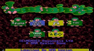 A dark red pixelated background displays the Lemmings title screen with a bright green decorative header band at the top. Below are four rounded rectangular buttons in green, blue, yellow, and green respectively, each containing small sprite graphics. Two additional yellow buttons appear centered below these. At the bottom, small white text credits PSY, PSYGNOSIS Ltd, and Game Designer. A yellow status bar with blue text runs along the very bottom of the screen.