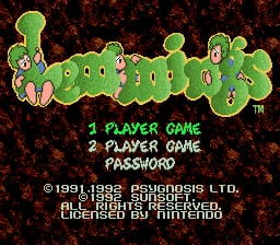 The Lemmings title logo appears in large green pixelated letters with a yellow/tan outline at the top center of a dark red speckled background. Below the logo are three white text lines reading '1 PLAYER GAME', '2 PLAYER GAME', and 'PASSWORD'. Copyright text for Psygnosis Ltd. and Nintendo licensing information is displayed in small white text at the bottom of the screen.