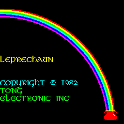 A curved rainbow arc in cyan, blue, magenta, and yellow bands curves from the upper left to lower right against a black background. At the rainbow's end sits a small red leprechaun hat sprite. Yellow text reading "Leprechaun" appears on the left side, with cyan text below stating "COPYRIGHT © 1982 TONG ELECTRONIC INC". The visual style uses simple pixel graphics typical of early 1980s arcade games.