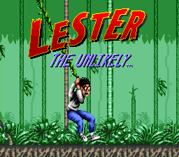 The title screen displays "LESTER" in large red letters with "THE UNLIKELY" in blue text below it, positioned in the upper half. A pixelated sprite of a character in brown and blue clothing stands in the center, surrounded by a jungle environment with green vegetation, bamboo stalks, and hanging vines rendered in the SNES 16-bit sprite style. The background uses a bright green color with layered foliage creating depth across the screen.