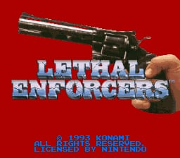 A large revolver is held at an angle across the center of a red background, with the blue pixelated title "LETHAL ENFORCERS" displayed prominently above it. Below the gun, white text reads "© 1992 KONAMI" followed by "DEVELOPED BY KONAMI COMPUTER ENTERTAINMENT TOKYO." The image uses a simple color scheme of red, blue, white, and black, typical of early 1990s arcade-style game presentations.