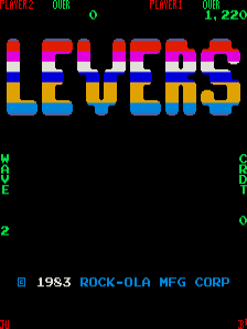 The title screen displays 'LEVERS' in large pixelated red and blue letters against a black background. Above the title, score information appears in green text showing 'PLAYER' and 'OUR' counters. At the bottom, cyan text reads '1983 ROCK-OLA MFG CORP' with additional green text reading 'GAME' and 'TIME' in the corners. The overall aesthetic features a low-resolution pixel art style typical of early 1980s arcade games.