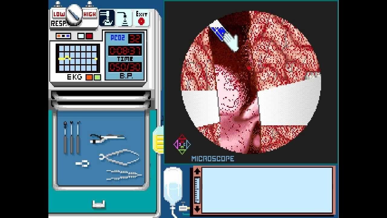 A split-screen interface displays a medical workstation on the left with a turquoise base, control panel showing LOW, HIGH, RESP, EKG, and TIME readouts, a grid of colored squares, surgical instruments arranged on a blue background, and a syringe. On the right, a circular magnified microscope view shows pixelated red and pink tissue detail with a blue-and-white surgical tool, labeled MICROSCOPE below with an empty light-blue information panel at the bottom.