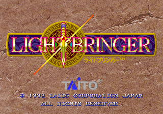 The title screen displays "LIGHT BRINGER" in large purple letters with a yellow circular emblem featuring a sword and crosshairs behind the text. Below the title is Japanese text reading "ライトブリンガー". At the bottom, copyright information reads "©1993 TAITO CORPORATION JAPAN" followed by "ALL RIGHTS RESERVED". The background shows a textured brown surface with scattered debris. The overall color scheme uses purple, yellow, and brown tones typical of early 1990s arcade graphics.