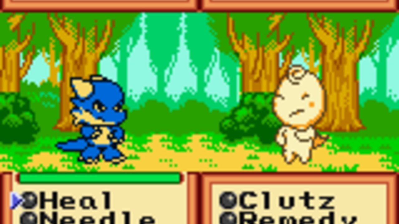 A forest scene displays two characters facing each other on a sandy path. The left character is a blue creature with yellow accents and pointed ears. The right character is a pale, round-faced creature with a concerned expression. Tall yellow-brown trees frame the background against green foliage, with light cyan treelike shapes visible in the distance. At the bottom, two text panels show partial character names: 'Oheal ONeedl' on the left and 'OC1utz ORamedy' on the right, suggesting a dialogue or battle interface. The art uses bright primary colors and pixelated sprites typical of Game Boy graphics.