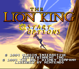The title screen displays 'THE LION KING' in large gold letters with 'START' and 'OPTIONS' menu choices below. A silhouetted character figure leaps against a bright purple and yellow sky backdrop with radiating light rays. Copyright text for Mindscape, Virgin Interactive, and Nintendo appears in small white print at the bottom. The background uses a gradient sunset palette with brown rocky terrain visible at the screen edges.