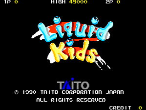 The Liquid Kids title screen displays the game's logo in large, colorful lettering with blue and yellow styling against a black background. Two cartoon characters with round bodies and simple features are positioned above the title. At the top, a score panel shows IP 0, HIGH 450000, and 2P 0 in white text. Below the title, copyright information reads © 1990 TAITO CORPORATION JAPAN with ALL RIGHTS RESERVED. A CREDIT indicator appears in the bottom right corner. The art style features bright primary colors and pixelated sprite graphics typical of early 1990s arcade games.